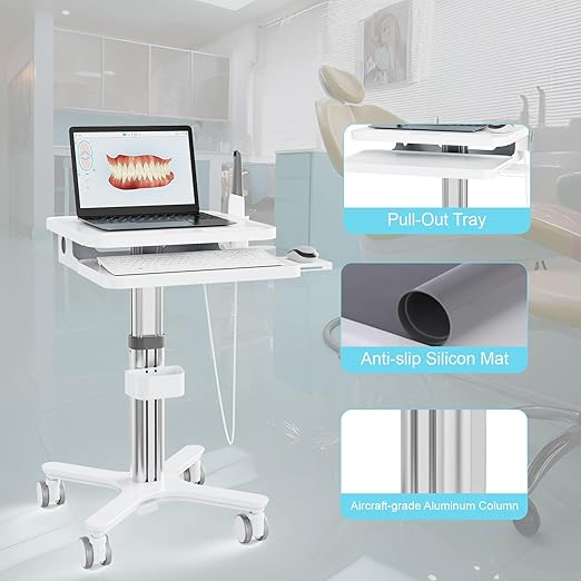 Medical Cart Trolley, Mobile Adjustable Height Dental Cart with Oral Scanner Holder for for Hospital, Dental