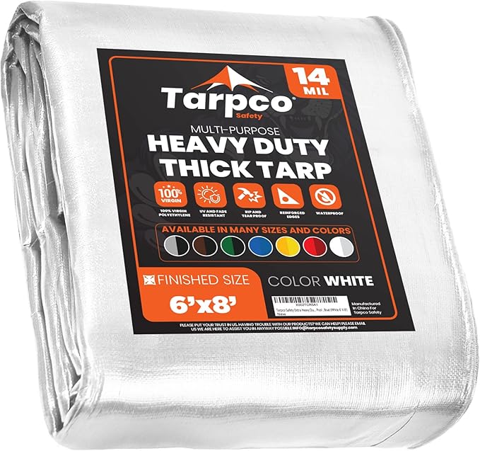 Tarpco Safety Extra Heavy Duty 14 Mil Tarp Cover, Waterproof, UV Resistant, Rip and Tear Proof, Poly Tarpaulin with Reinforced Edges for Roof, Camping, Patio, Pool, Boat (White 6′ X 8′)