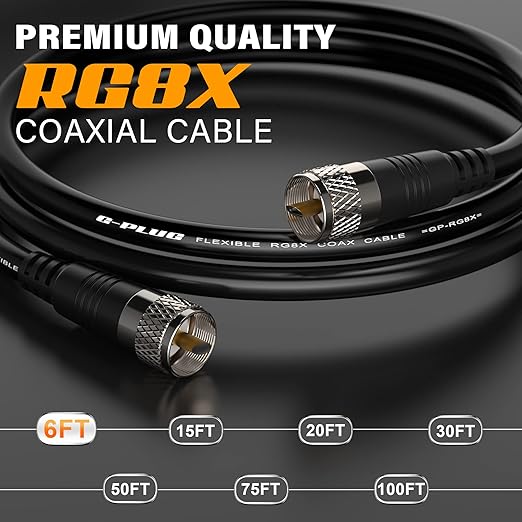 RG8X Coaxial Cable 15FT – 50 Ohm Low-Loss Coax with PL259 Connectors – Pure Copper Core, Dual Shielding, Waterproof PVC Jacket – for CB & HAM Radio, SWR Meter, Antenna Analyzer, RF Applications
