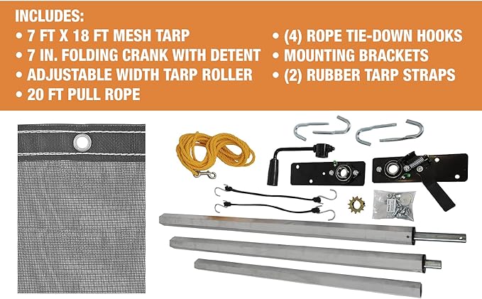Buyers Products DTR7018 Aluminum Tarp System with Mesh Tarp, 7 x 18 Feet – Dump Body Tarp Kit, Dump Trailer Accessories, Heavy Duty Double-Stitched Hems, Brass Grommets, Telescoping Roller
