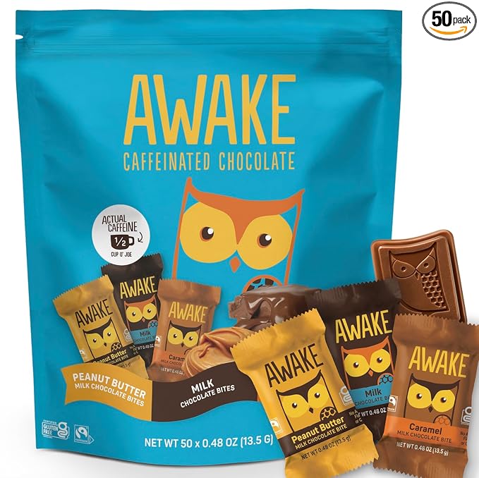 AWAKE - Caffeinated Chocolate Bites - 50mg Caffeine - Variety Pack (3 Flavors), 50 Bites - Peanut Butter, Milk, & Caramel - Energy Bites - Coffee Alternative - Fairtrade, Gluten Free, Non GMO - 0.48oz