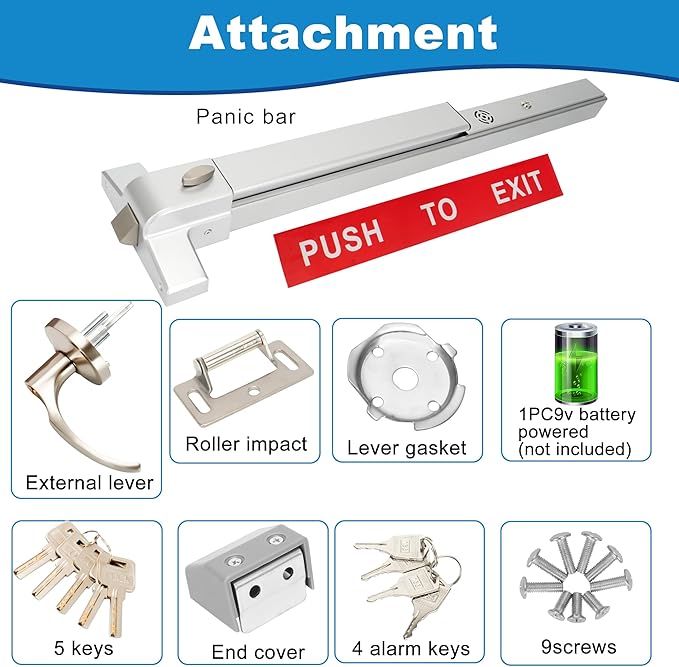 Commercial Door Push Bar Panic Exit Device with Exterior Lever with Alarm, 27.5” Stainless Steel Panic Bars for Exit Doors, Panic Bar Emergency Door Hardware for Wood Metal Doors