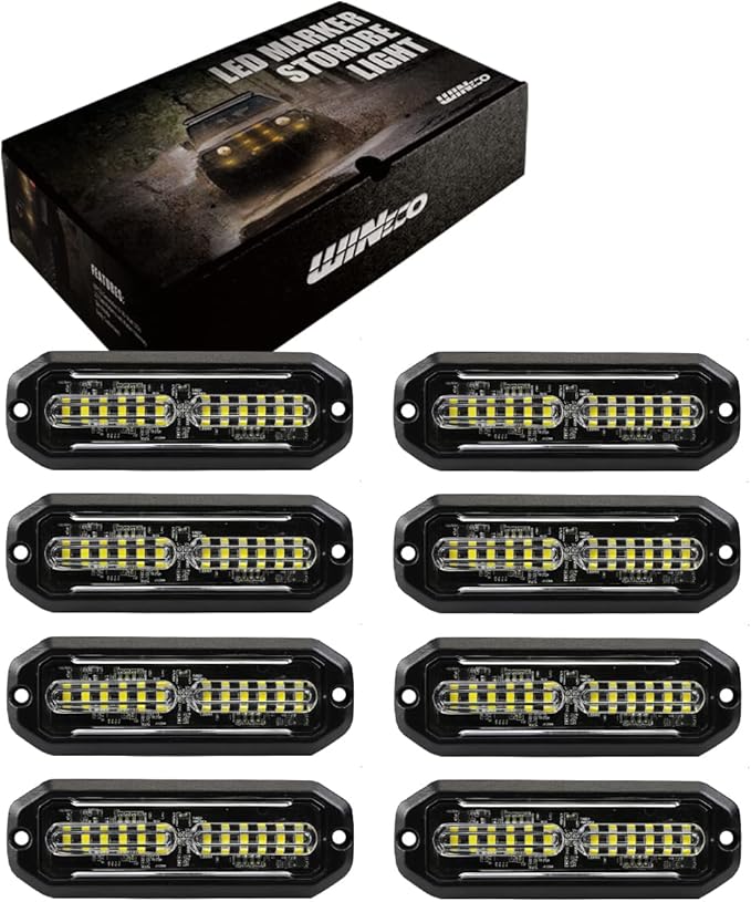WINECO 8pcs Ultra Slim White 12-LED Surface Mount Grille Flash side marker Emergency Strobe Lights,Grill Warning Police Lights Hazard Beacon Flashing Caution Light for Vehicles Motorcycles 12V-24V