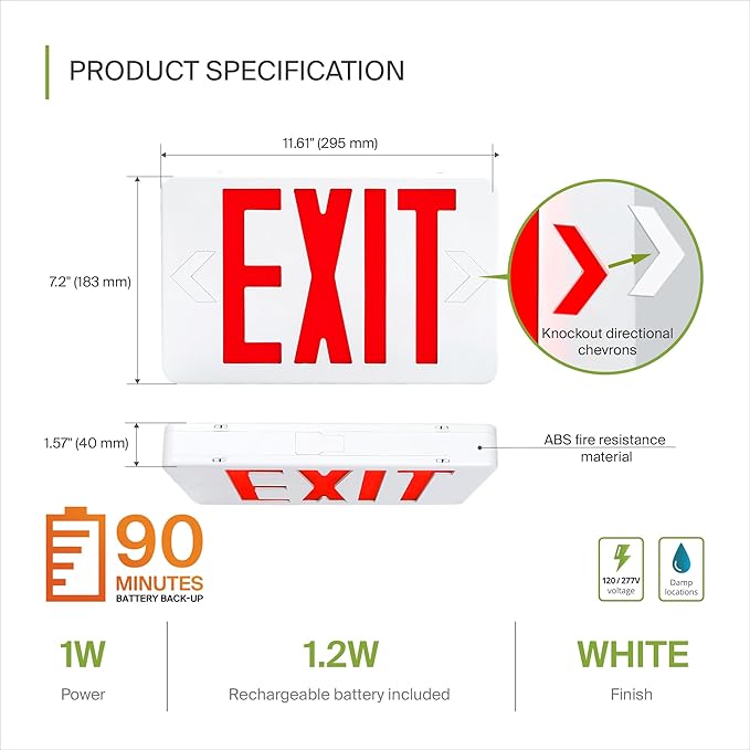 ASD LED Exit Sign with Battery Backup - UL 120/277V Double Face Emergency Exit Light for Business, Office Commercial Hardwired Damp Location Power Outage Lights, Red, 6 Pack