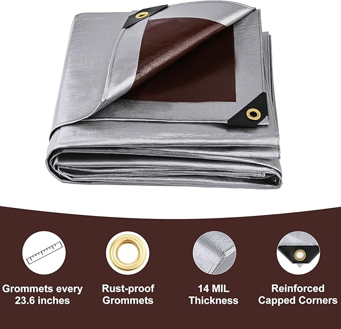 Sunvigor Tarp Waterproof 16x20Ft, Heavy Duty Tarp Cover Extra Thick 14 Mil Tear and UV Resistant, Outdoor Tarps with Grommets and Reinforced Edges for Roof, Camping, Patio, Pool, Boat (Silver/Brown)