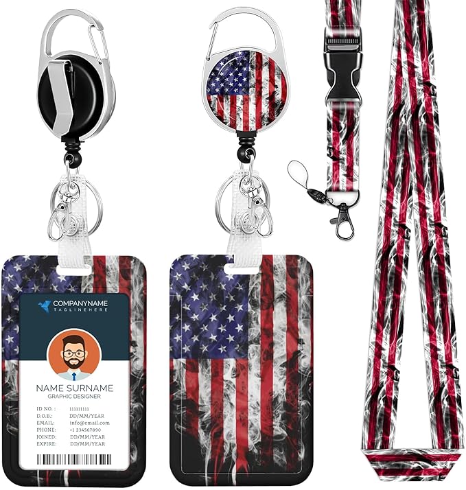 Badge Holder Lanyard American Flag Badge Reel ID Card Holders Detachable Name Tag Clips Cute Funny Nurse Teacher Office Gifts Women Man Badge Holder (USA SMOG)