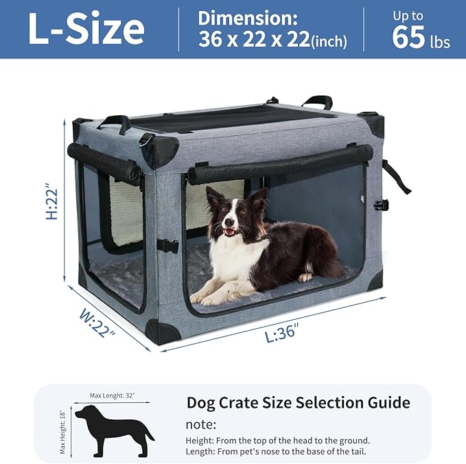 NEZUC Soft Collapsible Dog Crate - 36 Inch Portable Soft Sided Travel Dog Crates for Large Dogs, 4-Door Foldable Dog Carrier, Pet Kennel Indoor & Outdoor (Gray, 36.0" L x 22.0" W x 22.0" H)