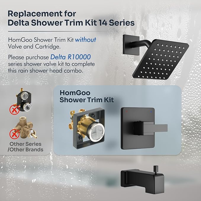 Replacement for Delta Shower Trim Kit 14 Series, All Metal Tub Shower Faucet Set, 6-Inch Matte Black Shower Head and Handle Set(Valve/Cartridge Not Included)