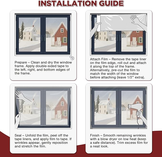 Window Insulation Kit – 63" x 394" Rolled Shrink Film with Double-Sided Tape for Up to 10 3' x 5' Windows, Window Plastic for Winterizing, Easy to Install & Energy Saving