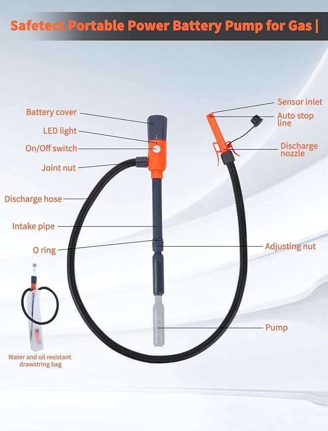 Fuel Transfer Pump with Auto-Stop, 2.8 GPM, Portable Power Battery Pump for Gas, Gasoline Siphon Pump, Gas Pump, Telescoping Gas Can Pump Battery Operated, 51" Long Transfer Hose, Siphon Pump
