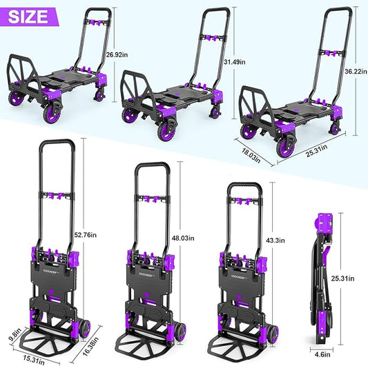 2-in-1 Folding Hand Truck Dolly 330LB Load Carrying, Hand Truck Foldable Dolly with Retractable Handle and 4 Rubber Wheels, Portable Folding Hand Cart for Moving/Travel/Office (Purple)