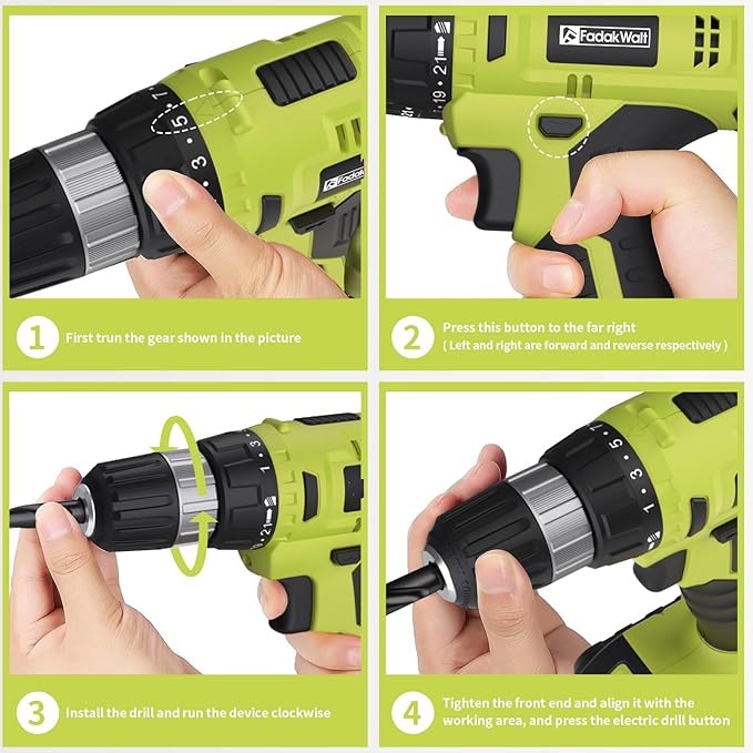 FADAKWALT Cordless Drill Set, 20V Electric Power Drill with Battery And Charger, Torque 30N, 21+1 Torque Setting, 3/8-Inch Keyless Chuck, Drill Driver Bits Kit, with LED