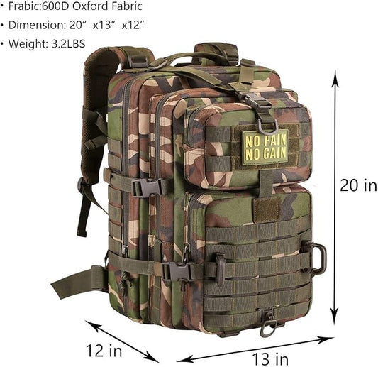 MOLLE Assault Backpack, Tactical Backpack Military Army Camping Rucksack, 3-Day Pack Trip w/Patch, D-Rings, Woodland