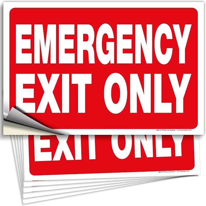 iSYFIX Emergency Exit Only Signs Stickers - 6 Pack 10x7 Inch – Premium Self-Adhesive Vinyl Decal, Laminated for Ultimate UV, Weather, Scratch, Water & Fade Resistance, Indoor & Outdoor