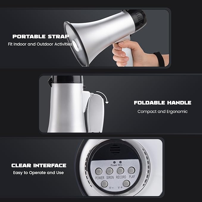 MyMealivos Portable Megaphone Bullhorn 20 Watt Power Megaphone Speaker Voice and Siren/Alarm Modes with Volume Control and Strap (Silver)…
