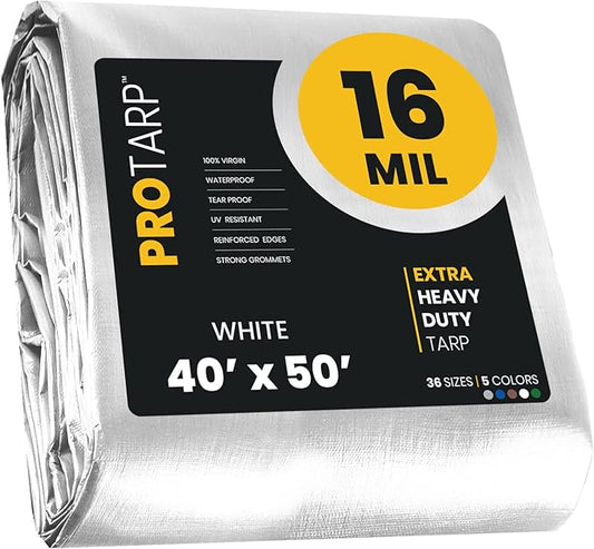 PROTARP Extra Heavy Duty 16 Mil Tarp Cover, Waterproof, UV Resistant, Rip and Tear Proof, Poly Tarpaulin with Reinforced Edges for Roof, Camping, Patio, Pool, Boat. (White 40′ X 50′)