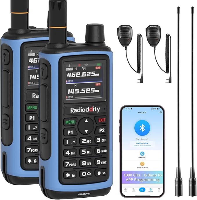Radioddity GM-30 PRO GMRS Radio, Long Range Handheld Radio with UHF/VHF/NOAA/FM/Airband Reception, APP Wireless Programming 1.77" TFT Display, Frequency Copy, 1,000 Channels, 2 Pack & 2 Speaker Mic
