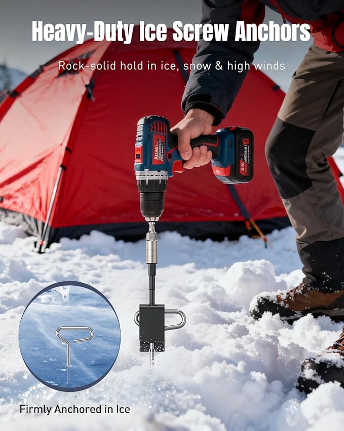Pawfly 10 Pcs Ice Anchor Tool Kit with Ice Screw Anchors, Tent Guylines, Ice Anchor Drill Adapter & Ice Anchor Drill Attachment, Outdoor Tent Fixing Kit for Winter Camping & Ice Fishing Shelter