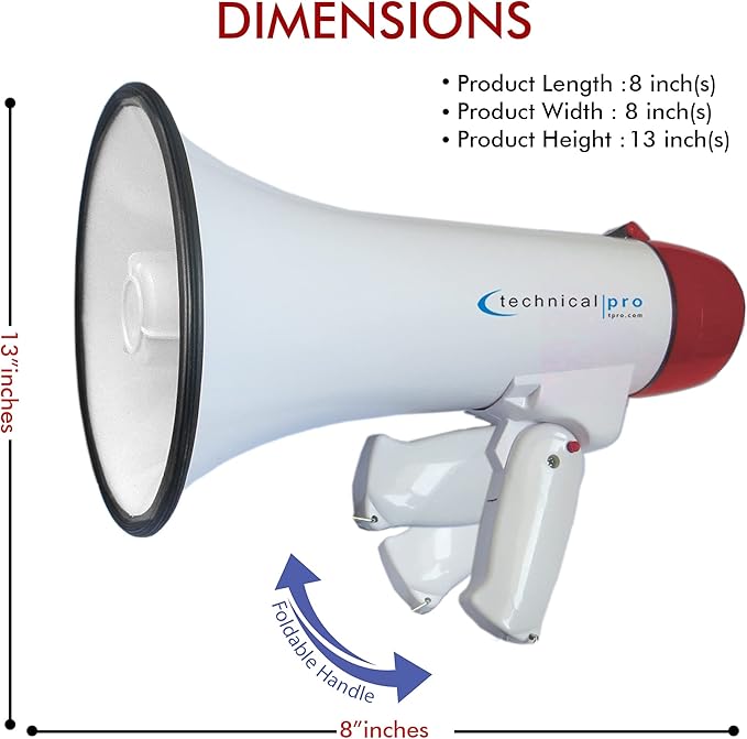 Technical Pro 25 Watts Lightweight 600M Range Portable Megaphone Bullhorn with Strap, Siren, and Volume Control, Good for Trainers, Soccer, Coaches and Cheer Leading