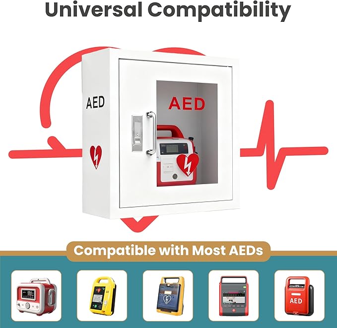 AED Cabinet Wall Mounted, Steel Defibrillator Storage Case with PVC Clear Window, Handle and Snap Lock, AED Defibrillator Cabinet for Home, Hospital 14.2 x 7.8 x 15.7 Inch