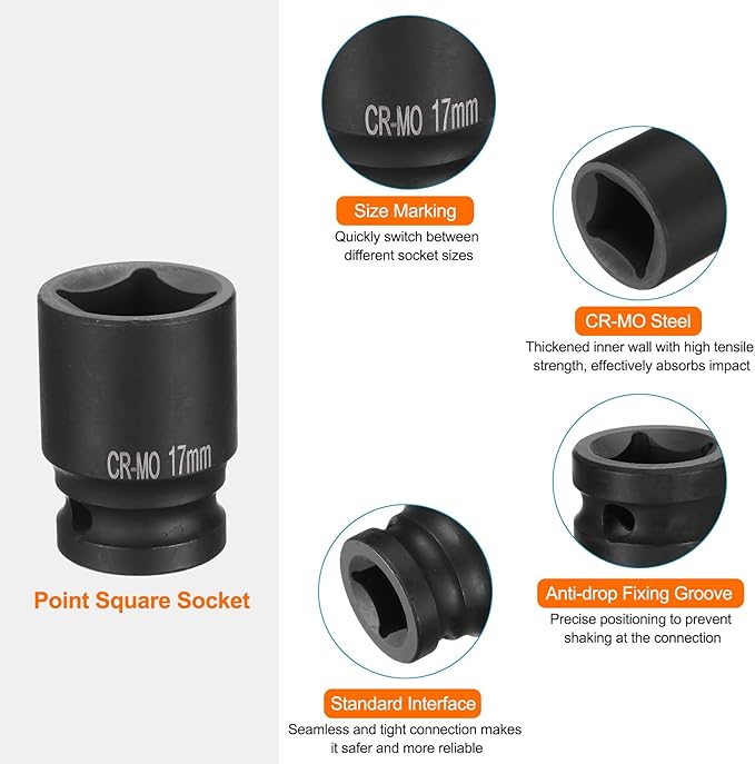 HARFINGTON 4 Point Square Socket 1/2" Drive 17mm Metric Square Impact Socket CR-MO Blackening Standard Wheel Sockets Pneumatic Socket Tool for Auto Repair Mechanical Maintenance Home Use