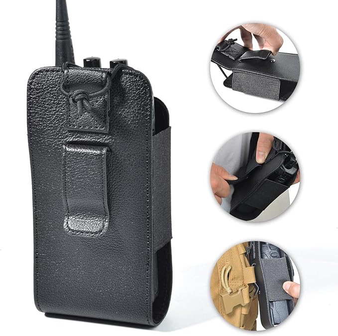 Leather Universal Radio Holster for Duty Belt with Back Clip,Walkie Talkie Pouch Holder for Motorola Baofeng Midland Kenwood Handheld Ham Radio