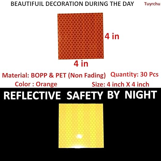 Orange Reflective Stickers 4 inch X 4 inch, Outdoor Waterproof High Visibility Warning Safety Adhesive Reflector Tape (30 Pcs)
