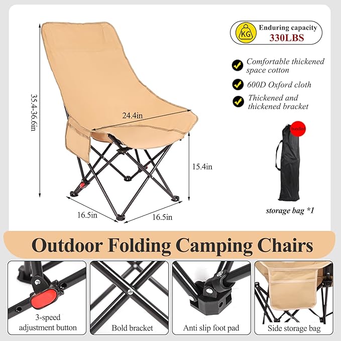 Outdoor Folding Camping Chairs 2 Pack，3-Stage Adjustable High Back Chair – Supports 660 lbs，Comfortable Thickened Sponge Cushion 600D Oxford Fabric Portable with Storage Bag & Side Pocket (Beige)