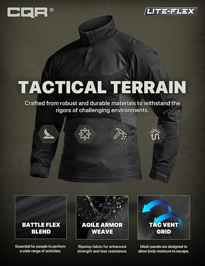CQR Men's Combat Shirt Tactical 1/4 Zip Long Sleeve Military BDU Shirts Camo EDC Top with Pockets