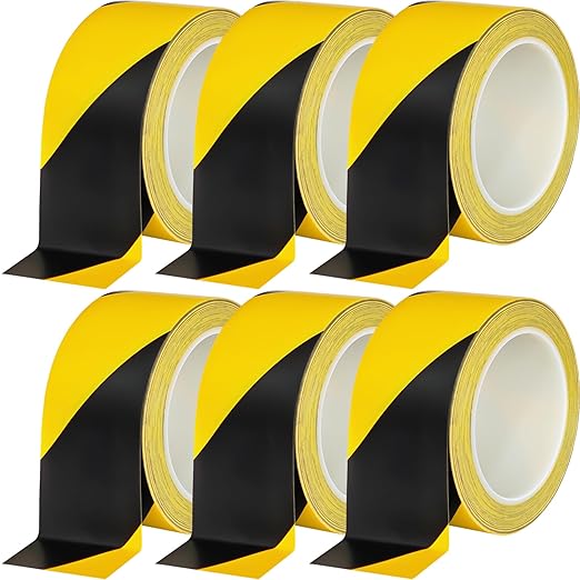 Beieverluck 6 Rolls Black & Yellow Caution Tape Roll 2'' x 108 FT Warning Safety Tape Floor Marking Tape Hazard Tape for Warehouse, Gym, Walls, Pipes and Equipment