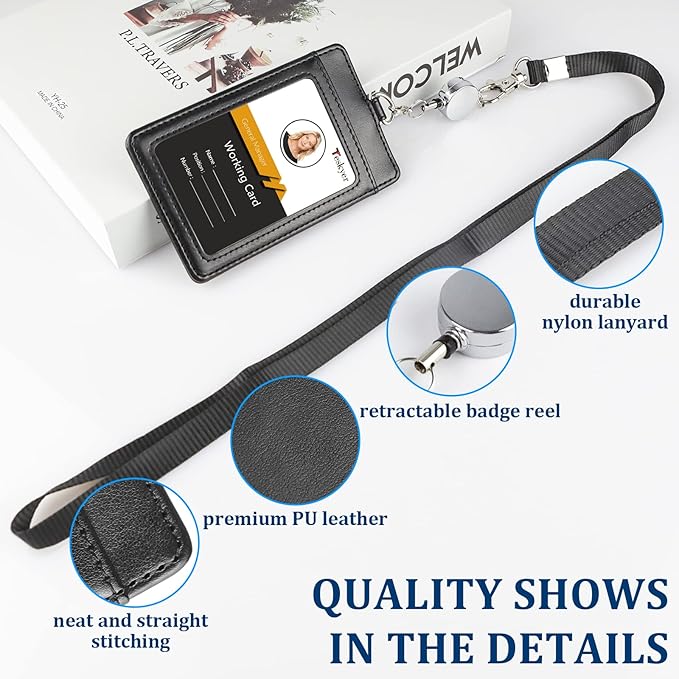 Teskyer Leather Badge Holder with Lanyard and Badge Reel, Retractable Lanyard ID Card Holder for Office School Name Work IDs, Black
