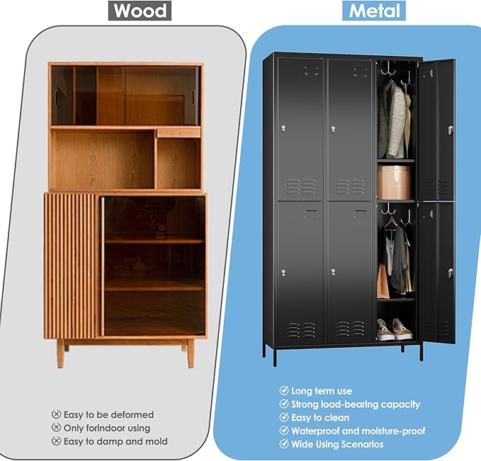 Metal Lockers for Employees with 6 Doors and 18 Hooks, 72”H Storage Locker with Card Slot for Office Gym School Bedroom, Black, Assembly Required