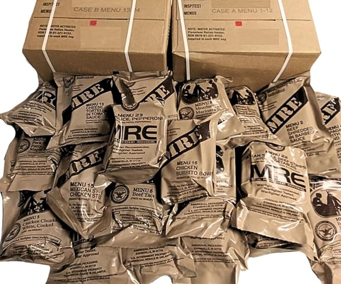 MRE Meals Ready to Eat A case 2025, 2026 inspection. Genuine Military US surplus emergency food bulk supply full box with heater - menus 1 to 12