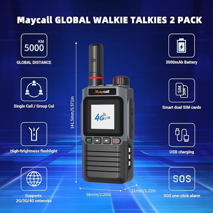 Lifetime Use Satellite Walkie Talkies with SIM Cards Global Unlimited Range Walkie Talkies 4G LTE POC Radio Dual SIM 3000 Mile Range Walkie Talkie 3000mAh Battery with Flashlight (MC-368)