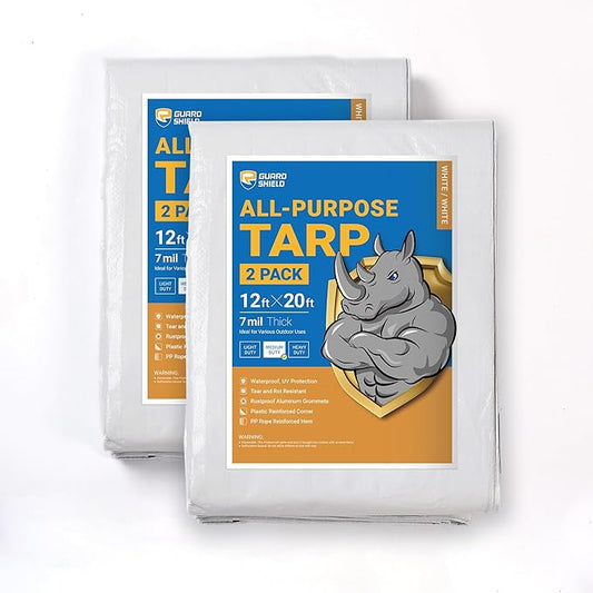 GUARD SHIELD White Tarp 12x20 Feet Medium Duty All Purpose Poly Tarps Cover 7mil (2-Pack)