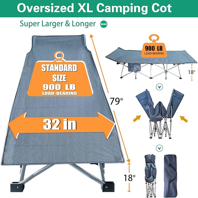 2 Pack XXL Cot 79" L x 32" W x 18" H Camping Cot with Mattress Comfortable Sleeping cots for Adults with Carry Bag Extra Large Cots for Camping Bed Folding Cot Heavy Duty for Home Outdoor Indoor