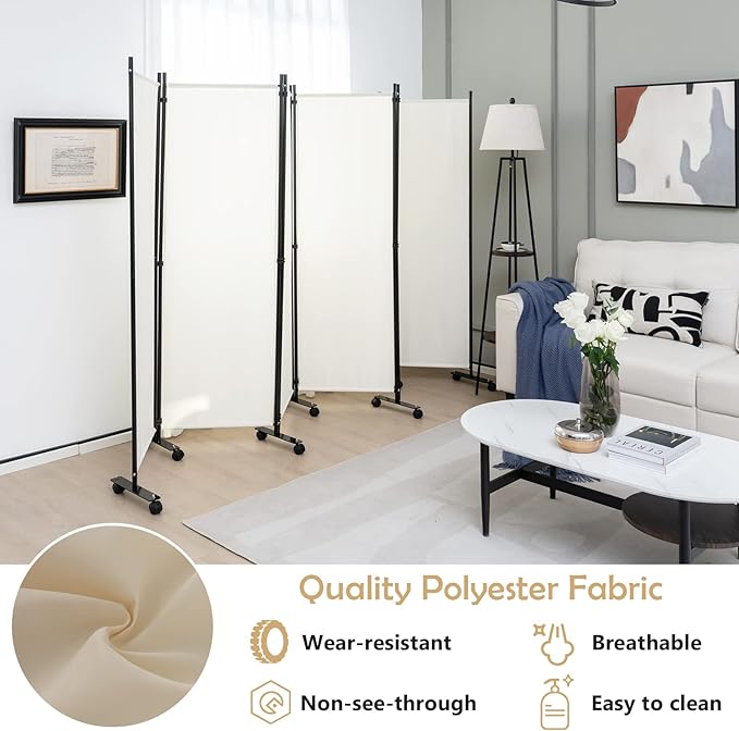 GOFLAME 6 Panel Folding Room Divider, 6FT Rolling Privacy Screen with Lockable Wheels, Portable Room Partition Screen, Freestanding Wall Divider and Separator for Home Office, White