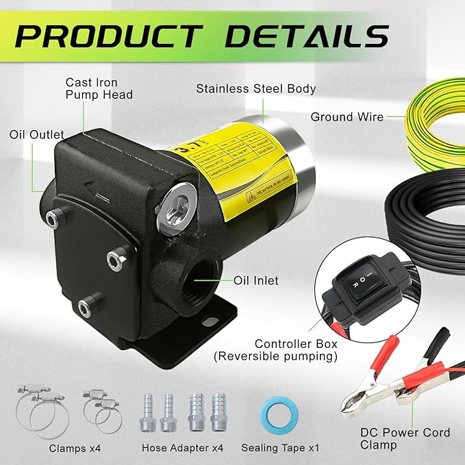 12V Fuel Transfer Pump Automatic Gasoline 3.7GPM DC Diesel Transfer Pump with Forward and Reverse Pumping, Portable Fuel Oil Transfer Pump for Gasoline, Diesel, Kerosene & More