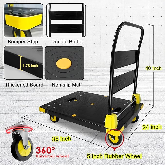 Platform Truck Cart 1000LBS Chinco Star Folding Push Cart Dolly Portable Moving Dolly Cart with 360° Swivel 5'' Wheels Heavy Duty Foldable Flatbed Cart for Hand Moving (35L x24W x40H in)