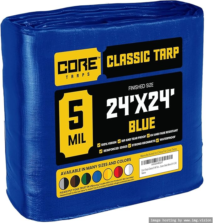 Core Tarps Classic 5 Mil Tarp Cover, Waterproof, UV Resistant, Rip and Tear Proof, Poly Tarpaulin with Reinforced Edges for Roof, Camping, Patio, Pool Cover, Boat (Blue 24′ X 24′)