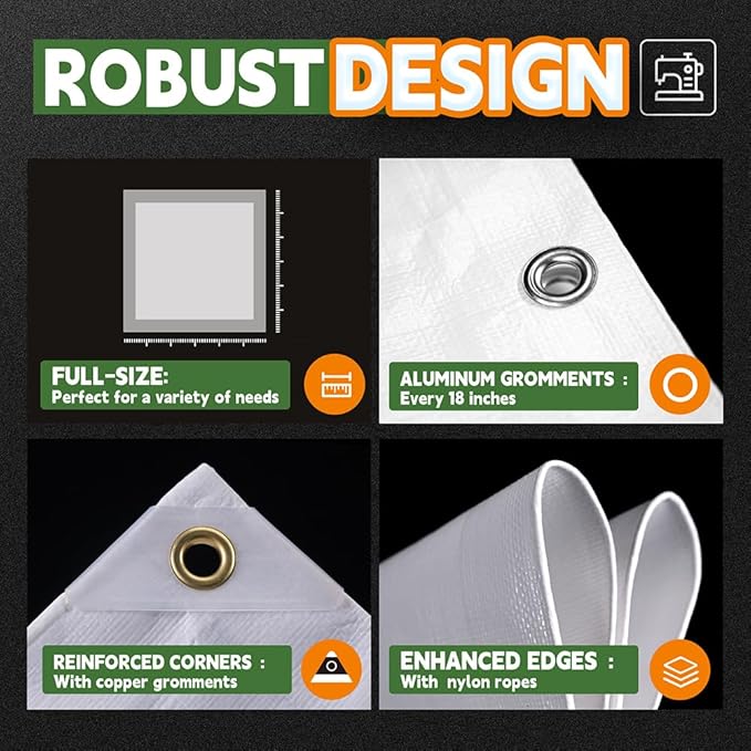 RAINDEWAY 12 Mil Heavy Duty White Tarp 10x12 Feet, UV Resistant, Waterproof, Weatherproof Poly Tarp with Metal Grommets and Reinforced Edges