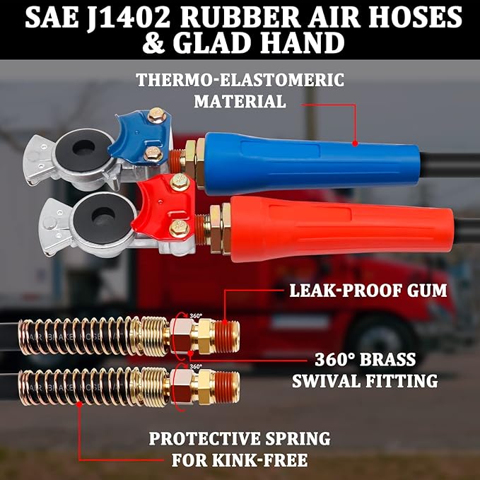15ft 3 in 1 ABS & Power Air Line Hose with Glad Hand Tender Spring Kit Gladhand & Rubber Seals Air Lines for Semi Truck Tractor Trailer
