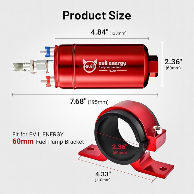 EVIL ENERGY External Inline Fuel Pump Electric 300LPH High Flow 12V with 60 mm Bracket Clamp Red