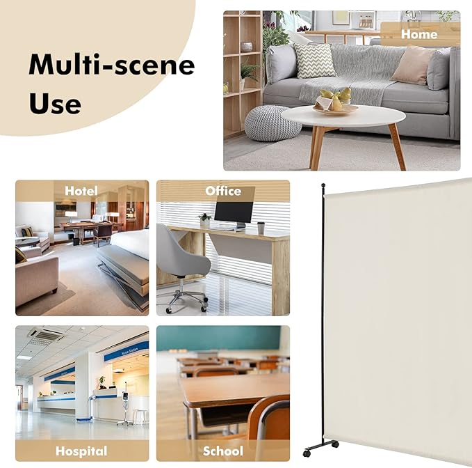 Giantex Room Divider Large Single Panel, 73''W x 73''H Privacy Screen with Lockable Wheels, Rolling Room Divider Panel for Home Office Studio, Partition Fabric Wall Divider for Room Separation, Beige