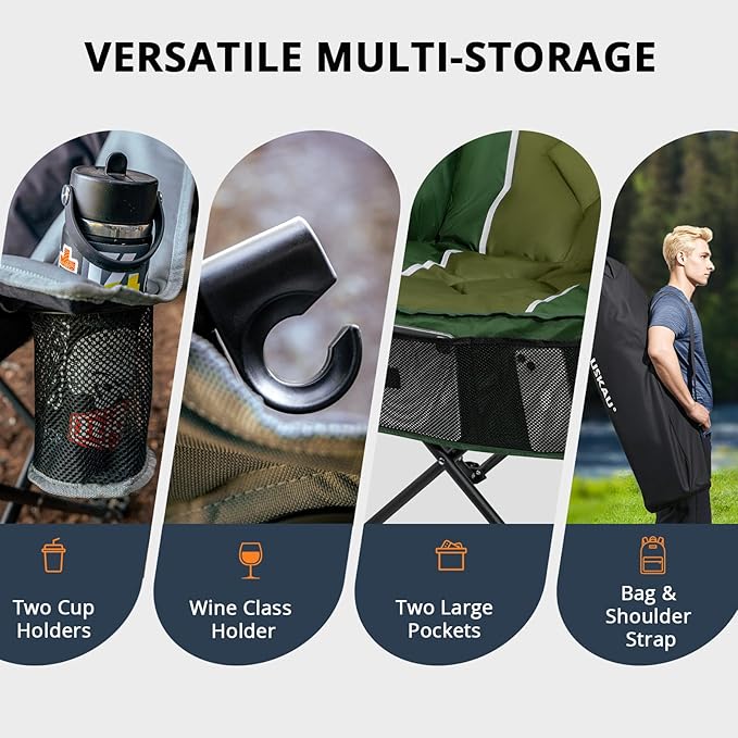 Oversized Folding Camping Chair for Adults Heavy Duty Padded Outdoor Chairs Big and Tall XL Picnic Chair with Cup Holders 400lb Capacity, Comfy for Lawn Sports and Outside Use