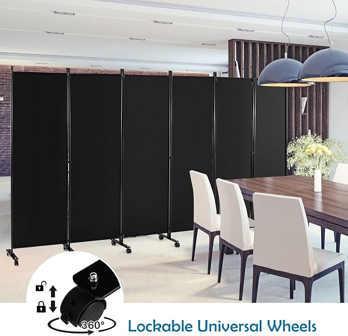 GOFLAME 6 Panel Folding Room Divider, 6FT Rolling Privacy Screen with Lockable Wheels, Portable Room Partition Screen, Freestanding Wall Divider and Separator for Home Office, Black