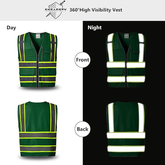 SKSAFETY 10 Pockets Safety Vest, Class 2 High Visibility Security with Zipper, Hi Vis Vest with Reflective Strips, ANSI/ISEA Standard, Construction Work Vest for Men ＆ Women （Green,2XL）