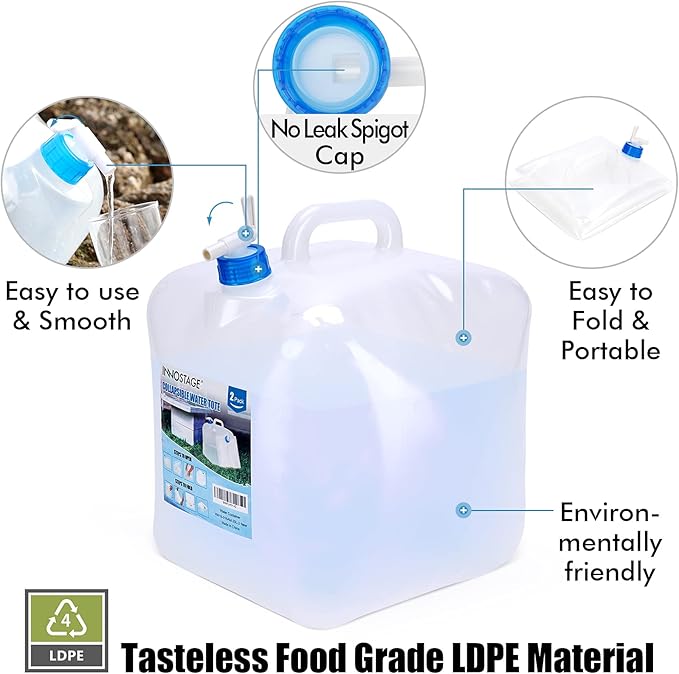 INNO STAGE 2 Pack Collapsible Water Container 2.6 Gallon with Spigot, Camping Water Storage Carrier Jug for Outdoors