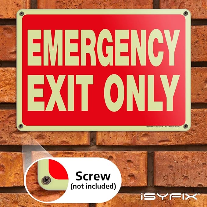 iSYFIX Emergency Exit Only Glow in the Dark Sign – 12 Pack 10x7 Inch – 40 mil Thick Polystyrene Plastic Sign, Laminated UV, Scratch & Fade Resistance, Waterproof, Indoor & Outdoor
