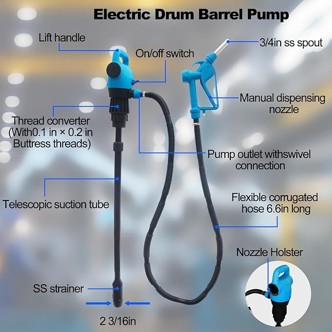 120V AC / 12V DC Electric Drum Pump, 55 Gallon Barrel Fuel Pumps with 2-Inch Bung Adapter with Supply 34 in-49 inTelescoping Suction Tube 5 GPM Flow Rate for DEF, Diesel, Water, Antifreeze